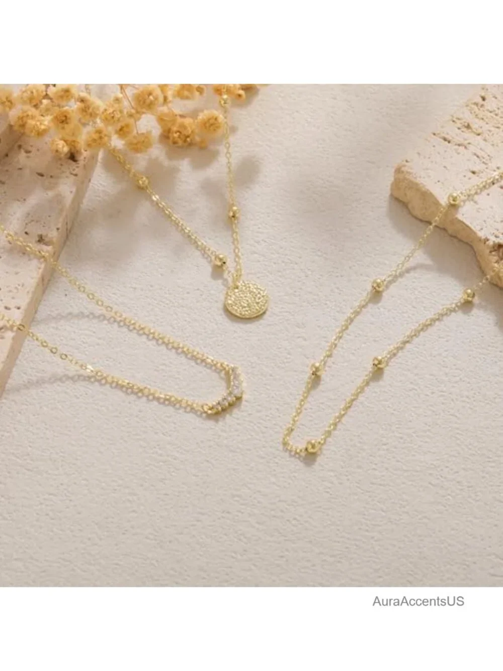14K Gold Plated 3-Layer Dainty Necklace Set Cuban Herringbone Chain Adjustable